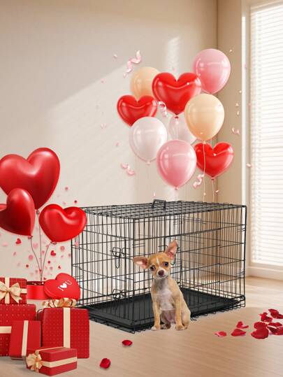 Large Dog 24"/30"/36"/42"/48" Crate Dog Cage Dog Kennel Metal Wire Double-Door Folding Pet Animal Pet Cage With Plastic Tray And Handle