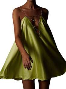 Womens Casual Chain Suspender Short Dress Fashion Solid Color Hollow V-neck A-line Dress - Amarillo - Ver 4
