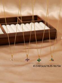 1 Stück Halskette aus 18 K Perlengold überzogenem Edelstahl mit 4-Blatt-Blume und kubischem Zirkonia, Luxus Damenmode, geeignet für Party, Date, Büro