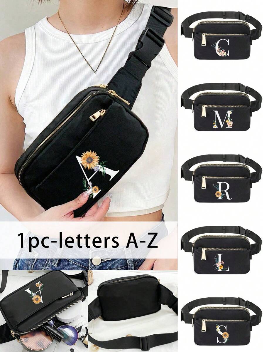 Daisy Flowers With White Letters Chest Bag, Suspender Bag, Sports And Fitness Bag, White Initial Letter A To Z Pattern Design Wallet Women'S Bag Shoulder Bag, Fanny Bag Coin Bag Small Bag Bag Outdoor Chest Bag Mobile Phone Storage Multifunctional Yoga Pocket Waist Bag, Waterproof Sports Adjustable Shoulder Bag, Suitable For Exercise, Running, Traveling, Hiking, And The First Day Of School Preppy Bum Bag, Keeping You Fashionable And Orderly