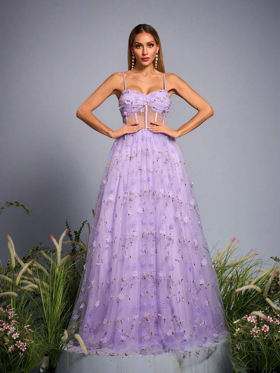 Mgiacy New Arrival Tank Sweet Bridesmaid Dress Embroidery Ruched Perspective Mesh Long Dress - Purple - View 1