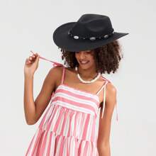 Cowgirl Hats For Women Men Retro Classic Cowgirl Hats Wide Brim Sun Hats With Leather Band - 黑色 - 查看 8
