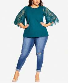City Chic Plus Size Embroidered Sheer Sleeve Angel Top - 彩色 - 查看 1