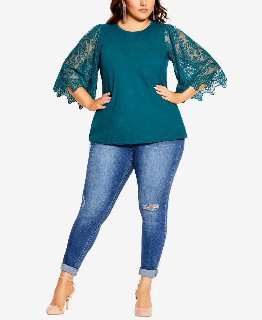 City Chic Plus Size Embroidered Sheer Sleeve Angel Top - 彩色 - 查看 1