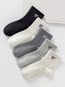 5 Pairs Of Children's Socks, Solid Color Bow Pattern Girls Four Seasons Cute Casual Simple Daily Travel Can Wear Children's Mid-Tube Socks.