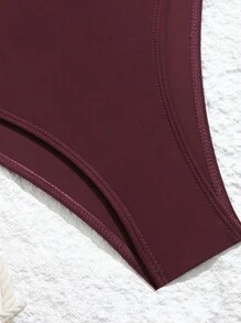 新款简约女式连体拉链泳衣，荷叶边饰边，修身设计，夏季 - 酒紅色 - 查看 7