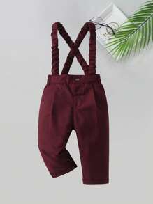 BOARNSEORL 2pcs Baby Boys Gentleman Outfit, Long Sleeve Shirt With Bow Tie And Suspender Pants, Fashionable, Suitable For Wedding, Party, Birthday, Anniversary - Burgundy - View 6