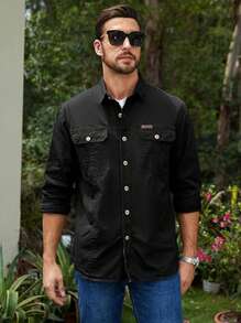 Men's Long Sleeve Military Shirt With Buttons - màu đen - Xem 5