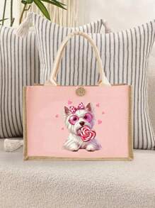 Bolso de lino con bloque de color + Bolsa pequeña con correa de mano, bolsa de almacenamiento, cartera, estampado lindo de perro, la primera opción de regalo para amantes de los perros, bolsa de compras de lino simple, bolsa reutilizable para compras de comestibles y bolsa de maquillaje, cartera, bolsa de regalo para vacaciones