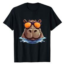 Cool Hippo With Sunglasses For Funny Animals Costume T-Shirt Graphic Tees Short Sleeve Casual Women T Shirts Unisex 100% Cotton Tee Shirt Womens Summer Tops Funny Print Women's T-Shirts Soft Comfy Everyday Wear Daily Gift Woman Tshirt Black