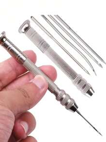 5件組多功能皮革縫紉錐套組，附可更換穿孔縫針，DIY皮革手工實用工具組；多功能鋼製DIY縫針錐套組，可更換針尖，適用於鞋子維修與皮革手工；DIY縫紉配件錐具 - 銀色 - View 5