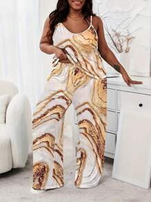 大码休闲睡衣套装，女式宽松圆领全身印花吊带背心和长裤睡衣两件套，适合春季 - 查看 1