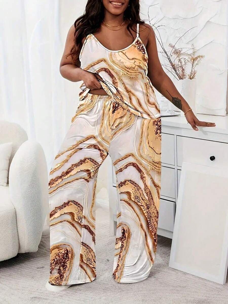 大码休闲睡衣套装，女式宽松圆领全身印花吊带背心和长裤睡衣两件套，适合春季 - 查看 1