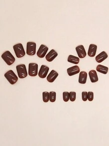 24pcs Red-Brown Square Reusable Acrylic Fake Nails, Full Cover Artificial Shiny Nails, Nail Art Supplies - Redwood - View 3