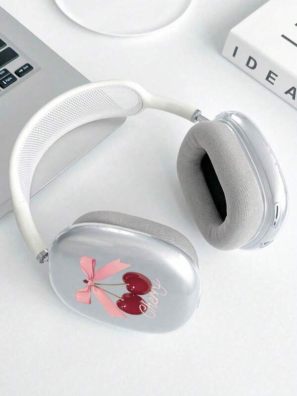 Cherry Blossom & Bow Letter Print Transparent Ear Cushion Cover, TPU Soft Case Compatible With Airpods Max Headphones