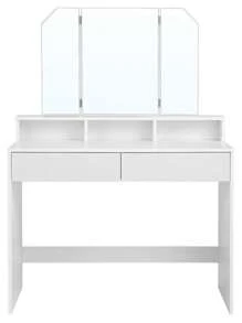 VASAGLE Vanity Set, Dressing Table Set with Tri-Fold Mirror, Large Table Top, 2 Drawers, White - Blanco - Ver 2