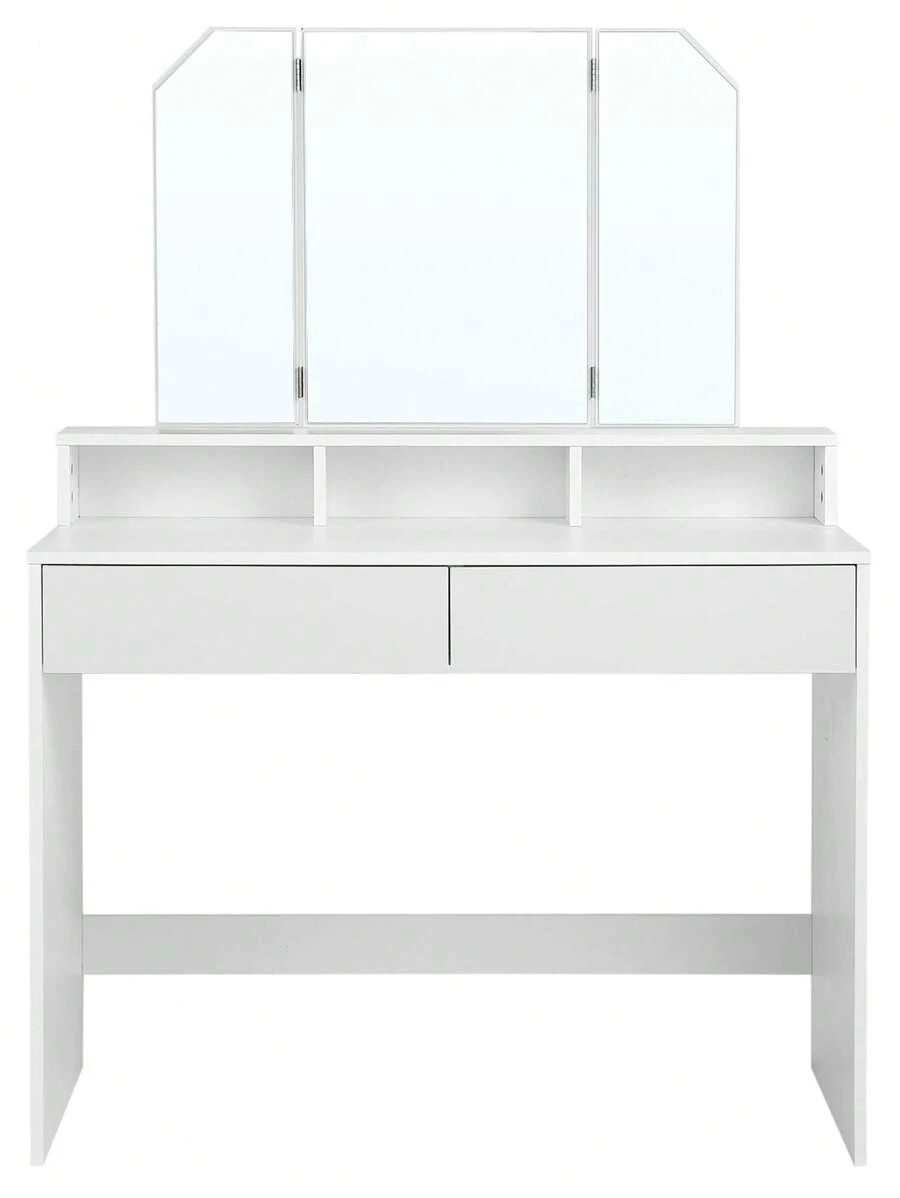 VASAGLE Vanity Set, Dressing Table Set with Tri-Fold Mirror, Large Table Top, 2 Drawers, White