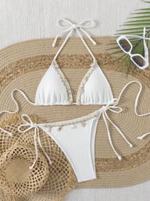 Women White Halter Bikini Set With Delicate Shell And Starfish Embellishments Tie Side Bottom For Beach Trips Vacation Summer - White - View 6