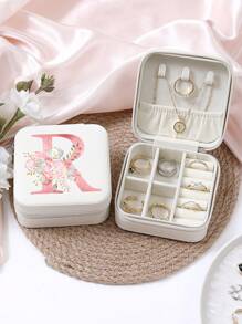 A-Z Floral Letter Pattern Travel Jewelry Box, Portable Zipper Travel Jewelry Storage Box, Gift Box For Women, PU Leather Waterproof Jewelry Box For Rings, Pendants, Earrings, Necklaces, Etc. - Gift Boxes For Girls And Women, Sun Travel Cool Back To School