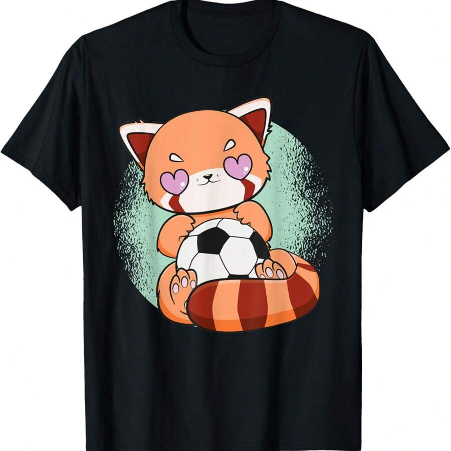 Red Panda With Soccer Football Team Sport Anime T-Shirt. - Black - View 1
