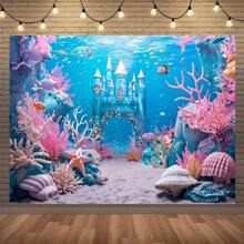 1pc Acetate Underwater World Background - Multipurpose Seabed Castle And Coral Reef Photography Prop Banner For Mermaid Theme, Birthday Party And Event Decor Backdrop, Spring/Summer, No Power Required, Tablecloth, Curtain