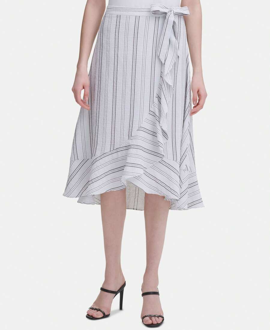Calvin Klein Ruffled Striped Midi Skirt - Black - View 1