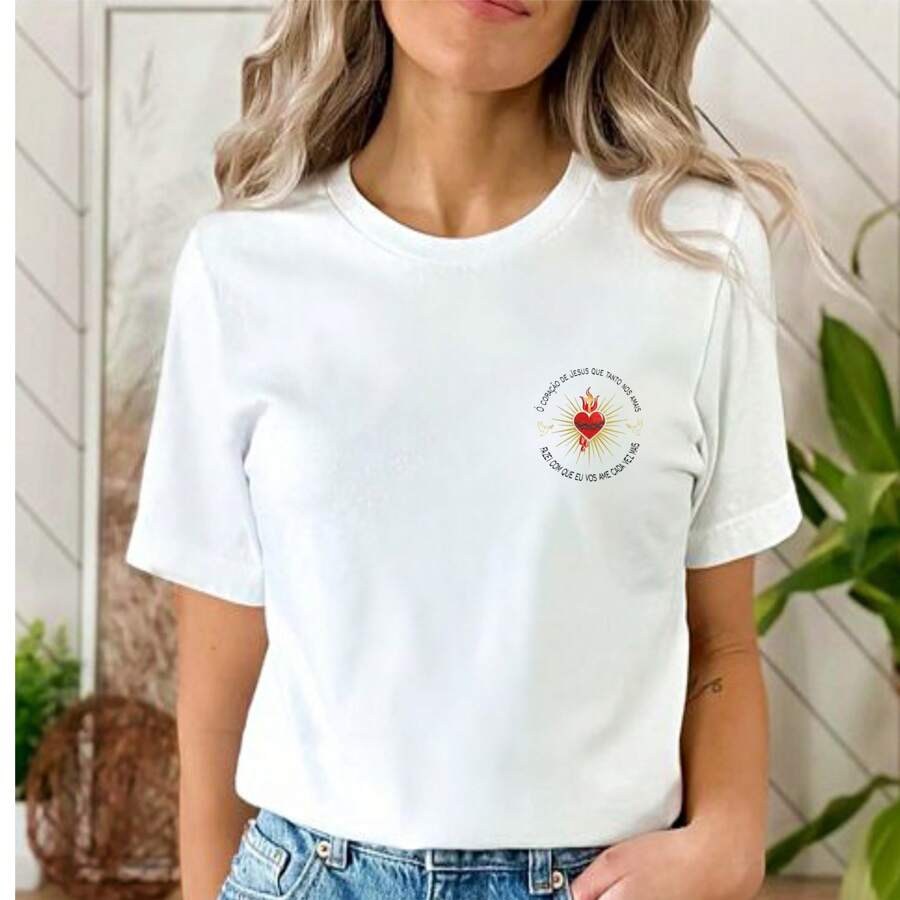 Blusa t-shirt cristã, católica,SACRATISSIMO CORAÇÃO DE JESUS,moda casual, plus size baby look colorida - Branco - Visão 1