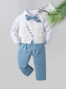 3pcs/Set Young Boy Gentleman Suit, Including White Shirt, Bow Tie, Vest And Pants, Perfect For Birthday Party, Wedding, Performance, Baptism, Festival, Etc.