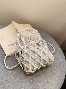 1 Piece Of Girl's Fishnet-Shaped Mesh Pearl Drawst Ring Drawstring Closure, Fashionable Princess Porta Ble Hollow Beaded Children's Crossbody Bag, Suita Ble For Children's Dressing Or Daily Use In Spring A Nd Summer Festivals