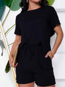 Women's Set In Fleece Fabric Comprising Shorts And Short Sleeve Cropped Top - 黑色 - 查看 3