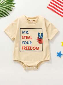 Baby 4th Of July Romper, Short Sleeve Round Neck Gesture Letter Print Newborn Bodysuit