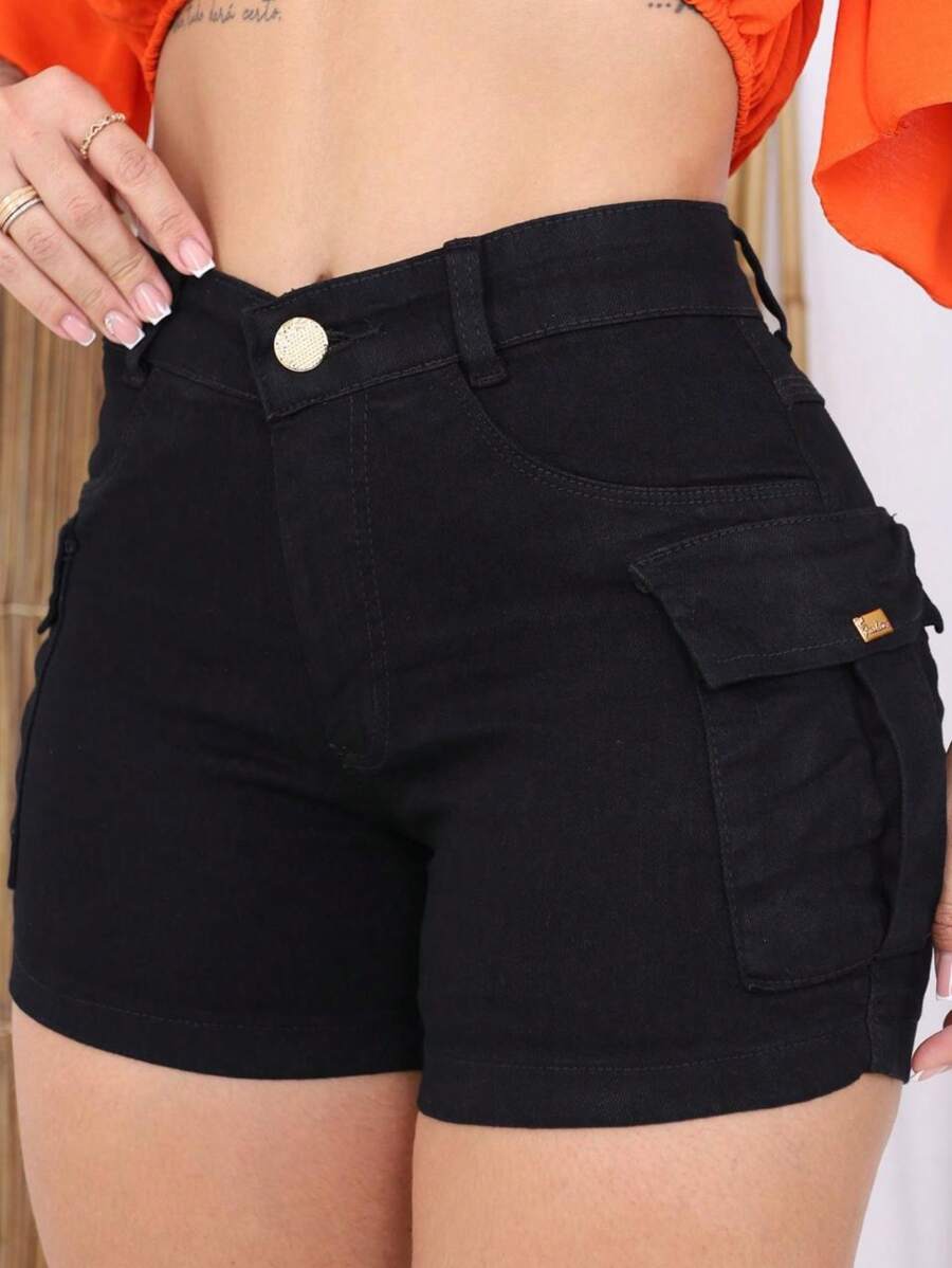 Women's Premium Lycra Cargo Jean Shorts In Black - 黑色 - 查看 1