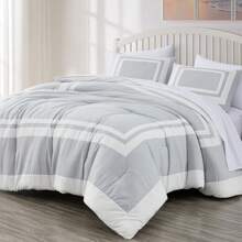 Wyatt 7-Piece Square Pattern Hotel Style Bed In A Bag Comforter Set With Bed Sheets - Silver/White - View 2