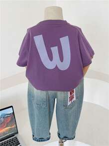 年轻男孩字母印花圆领短袖休闲 T 恤，夏季 - 紫色 - 查看 2