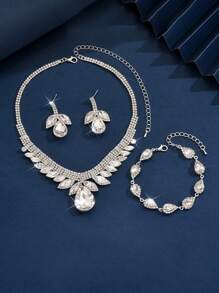 4pcs Set Crystal Water Drop Shaped Rhinestone Necklace, Bracelet & Earing Jewelry Set, European Style