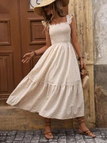 HERTALK Women's Dress V-Neck Printed Sleeveless Dress Plaid Dress Flowage Fold Long Dress Pleated Plaid Formal Wear Dress,White Elegant Dress,2025 Dresses For Women Midi