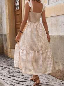 HERTALK Women's Dress V-Neck Printed Sleeveless Dress Plaid Dress Flowage Fold Long Dress Pleated Plaid Formal Wear Dress,White Elegant Dress,2025 Dresses For Women Midi