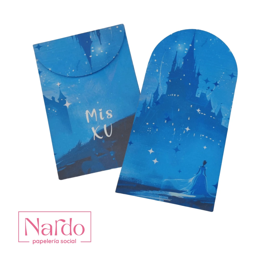 50 Small Envelopes For Envelope Shower – For Quinceanera Parties. Small Decorated Envelopes For Money, For 15 Years. Blue Princess With Castle