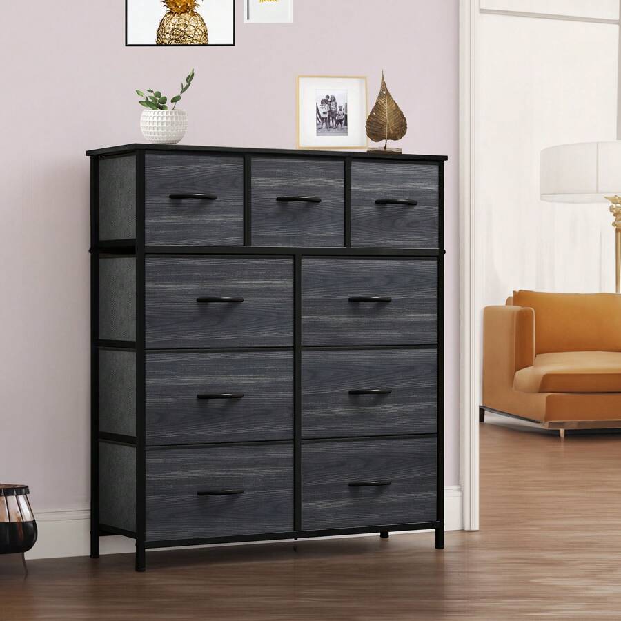 Wide Chest Of Drawers With 9 Drawers, Fabric Dressers With Easy Pull Handle,Sturdy Steel Frame,Storage Drawers For Bedroom, Kids Room, Closet, Clothes - Black - View 1