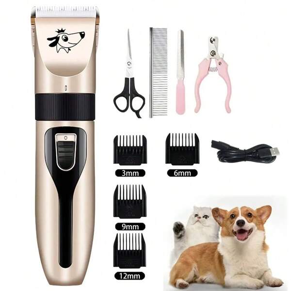 Kit Para Tosa Cachorro e Gato Maquina Recarregável Com 4 Pentes Sem Fio Usb