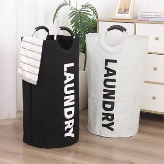 1pc Canvas Laundry Basket/Hamper With Handle, Foldable Storage Bag Organizer