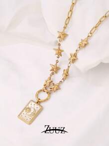 1 Stück modische Edelstahl quadratische Stern Mond Charm-Halskette für Frauen, geometrische Kette Halskette für Frauen Schmuck, bestes Freundinnen Geschenk