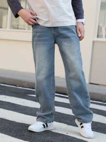 Teenage Boys' Blue Denim Jeans, Teen Boy Spring New Simple Straight Leg Loose Casual Pants - Medium Wash - View 5