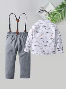 BOARNSEORL 2 件套年轻男孩绅士西装套装，长袖随机印花衬衫带蝴蝶结和吊带裤，时尚服装适合生日派对、婚礼、周年纪念、洗礼、1 岁生日 - 灰色 - 查看 4