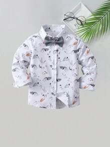 BOARNSEORL 2 件套年轻男孩绅士西装套装，长袖随机印花衬衫带蝴蝶结和吊带裤，时尚服装适合生日派对、婚礼、周年纪念、洗礼、1 岁生日 - 灰色 - 查看 2