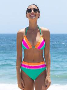 popvil Boho Embroideried Color Block Bikini Set - Multicolor - View 3