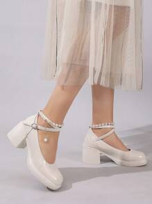 女士 Merry Jane 软皮高跟鞋，优雅交叉带珍珠装饰时尚高跟鞋，舒适软底米色皮鞋，简约百搭