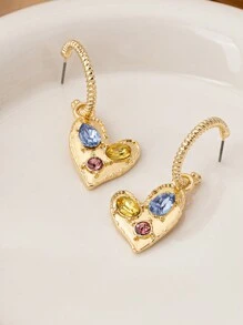 1 par de lujosos pendientes aro con corazón incrustados de cristal en estilo vintage, joyería elegante como regalo adecuado para uso diario de la mujer