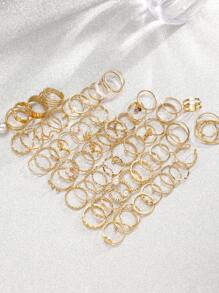 64pcs Fashionable, Elegant, Minimalist Precise Love, Butterfly, Leaf, Geometric, Faux Pearl, Rhinestone, Wavy, 8-Shaped, Infinity, Round Metal Rings Set, Multi-Layer Wide Band, Holiday, Party, Daily Wear, Gift - Yellow Gold - View 8