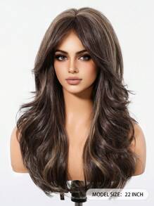 22/24 英寸长波浪假发，带刘海，深色发根，棕色假发，女士棕色渐变色头发，金色假发，耐热合成假发，适合日常派对角色扮演假发（注意佩戴和护理方式） - 挑染棕色 - 查看 5